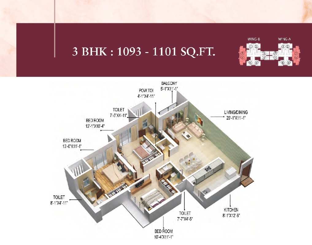 3 BHK Flats & Apartments for Sale in Shanti Nagar, Mumbai (1093 Sq.ft.)