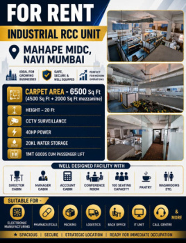 Available on Lease RCC Building 4500 sqft + 2000 sqft mezzanine = 6500 sqft. Suitable for Manufacturing, Electronic, Pharama,  Packing, Logistic, IT'