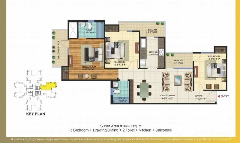 3 BHK Flats & Apartments for Sale in Sector 16C, Greater Noida (1490 Sq.ft.)