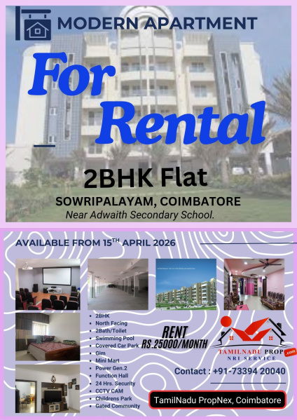 Flats & Apartments For Rent In Sowripalayam, Coimbatore (1070 Sq.ft.)