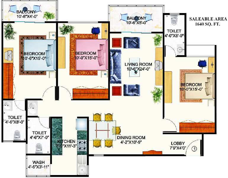3 Bhk Flat for Sale Price 28.29 Lac (1640 Sq.ft.)