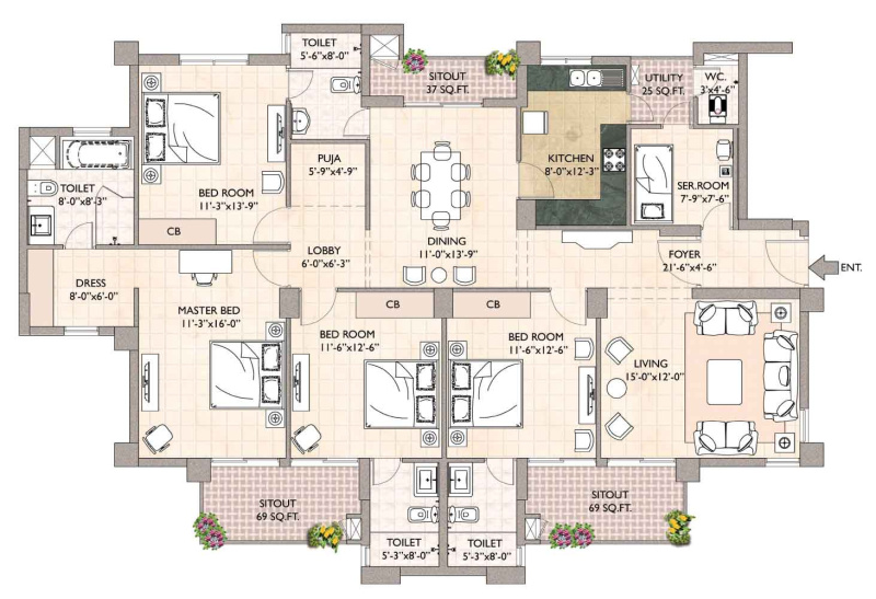 2185 sq ft 3 bhk flat for rent vipul green