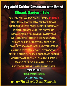 Popular Profitably Running Multi Cuisine Restaurant with Brand Name / Sale / Kilpauk / Chennai.
