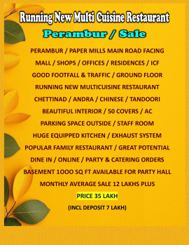 Successfully Running New Multicuisine Restaurant / Sale / Perambur / Chennai.