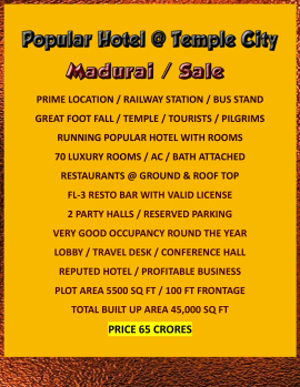 Excellent Popular Running Hotel with Rooms / Restaurants & Bar / Sale / MADURAI / TN.