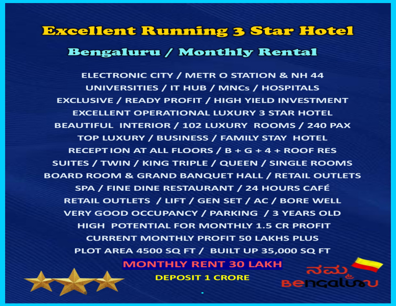 Amazing Highly Profitably Operational 3 Star Luxury Hotel / Monthly Rental / Electronic City / Bengaluru / Karnataka.