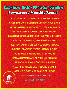 Amazing Space Best suitable for Hostel / PG / Lodging / Dormitory / 3 Floors /  Monthly Rental / Sowcarpet / Chennai.