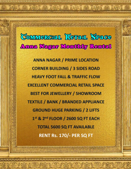Amazing Location / Excellent Commercial Retail Space / Monthly Rental / Anna Nagar / Chennai.