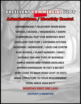 Prime Location / Excellent Commercial Plot / Monthly Rental / Velachery Main Road / Chennai.