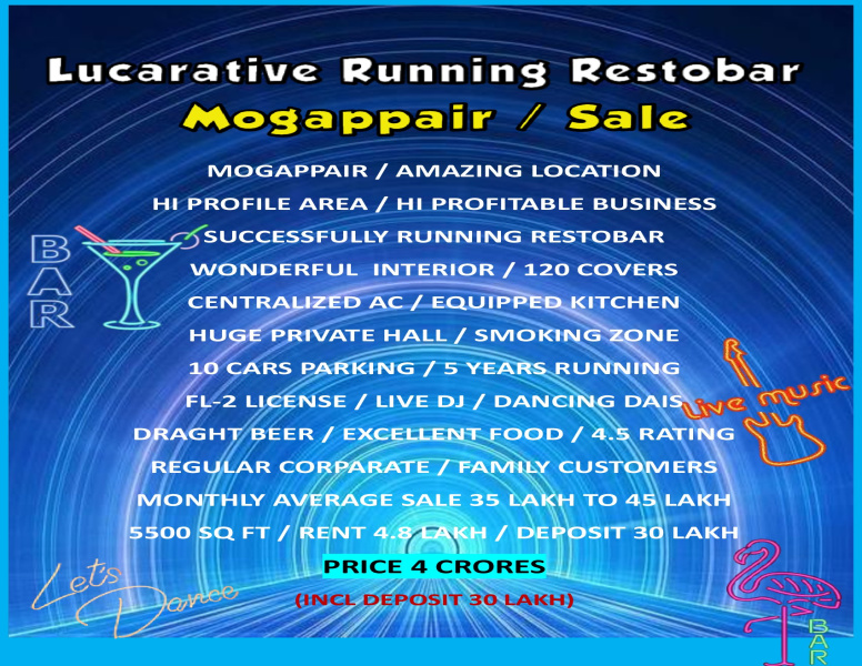 Highly Profitably Running FL-2 Hi Class Restobar / Sale / Mogappair / Chennai.