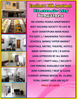 Excellent ONE BHK Apartment / Sale / Electronic City / Bengaluru.