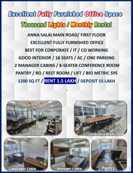 Prime Location / Excellent Fully Furnished Office Space / Monthly Rental / Thousand Lights / Anna Salai / Chennai.
