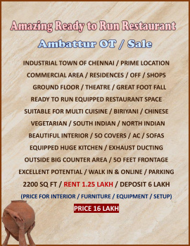 Hotel & Restaurant for Rent in Ambattur, Chennai (2200 Sq.ft.)
