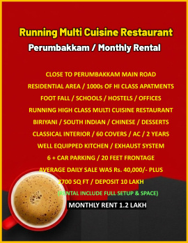 Excellent Opportunity / Grand Running Multi Cuisine Restaurant for Monthly Rental / Perumbakkam / Chennai.