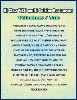 High Class Running Multi Cuisine Vegetarian cum Conti Restaurant / Sale / Velachery / Chennai.