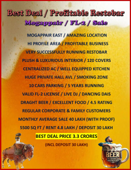 Super Deal / Best Price / Profitably Running Restobar /Sale / Mogappair / Chennai.