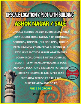 Amazing Location / Excellent Commercial cum Residential Plot with Brand New Building with Income / Sale / Ashok Nagar / Chennai.