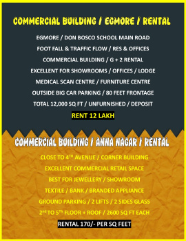 Prime Location / Stand Alone Commercial Building Monthly Rental / Egmore & Anna Nagar / Chennai.