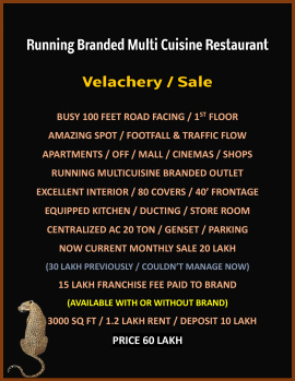 Premier Spot / Running Branded Multi Cuisine Restaurant / Sale / Velachery / Chennai.