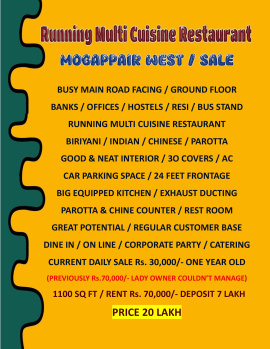 Great Location / Running Multi Cuisine Restaurant / Mogappair West / Chennai.
