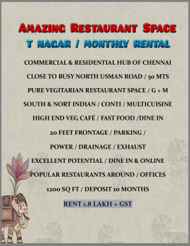 Prime Location / Excellent Space for Restaurant / Monthly Rental / T Nagar / Chennai.