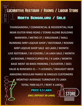Excellent Opportunity / Lucrative Highly Profitable Running Restobar / Rooms / MRP Liquor Store / Sale / Thanisandra / Bangalore.