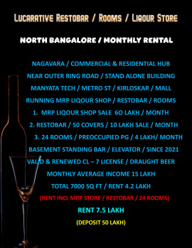 Great Deal / Profitably Running MRP Outlet with Resto Bar and Rooms / Monthly Rental / Valid CL 7 License / Bangalore.