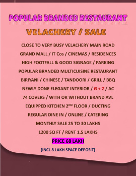 New Running Branded Restaurant / G + 2 / Sale / Velachery / Chennai.