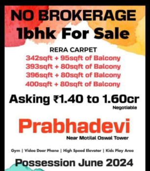 1 BHK Flats & Apartments for Sale in Prabhadevi, Mumbai (480 Sq.ft.)