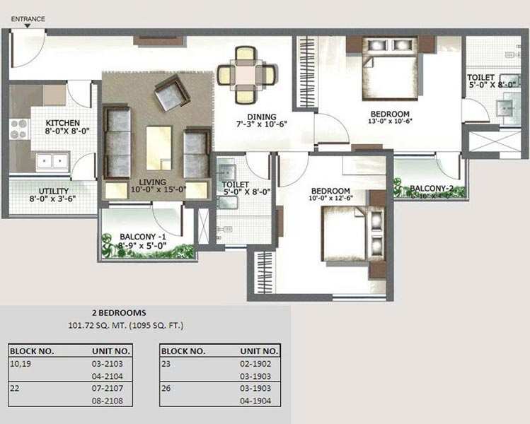 2 BHK Flats & Apartments for Rent at Sector 100, Noida (1015 Sq.ft.)