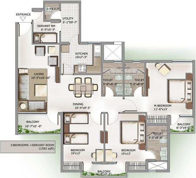3 BHK Flats & Apartments for Rent at Sector 100, Noida (1555 Sq.ft.)