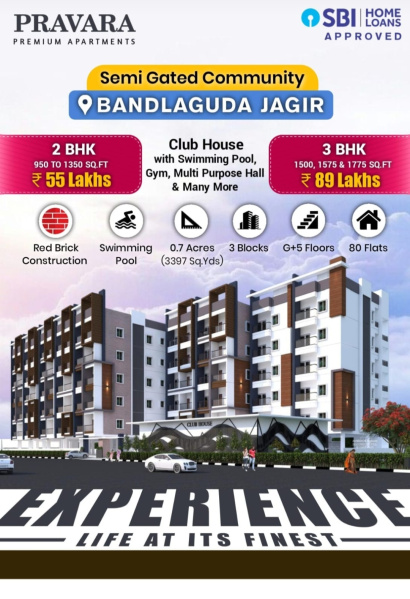 2 BHK Flats & Apartments For Sale In Bandlaguda Jagir, Hyderabad (950 Sq.ft.)