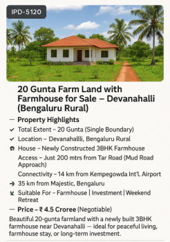 BEAUTIFUL 20 GUNTHA LAND FARMLAND WITH NEWLY BUILT 3NHK FARMHOUSE NEAR DEVANAHALLI IDEAL FOR PEACEFULL LIVING FARMHOUSE LONG TERM INVESTMENT