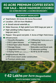 a rare change to own a premium 40 acres fully yeild coeffe estate near madikeri complete infrastructure water abundance excellent labour