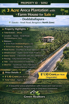 3 acre areca plantation with farmhouse for sale doddaballapura