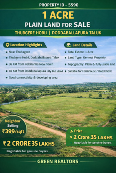 1 acre plain land for sale near doddaballapura