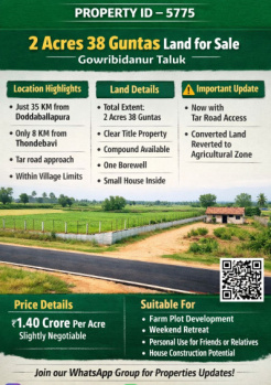 2 acre 38 guntas land for sale gowribidanuru