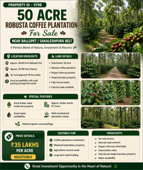 50 acres robusta coeffe plantation  for sale near sakleshpura belt