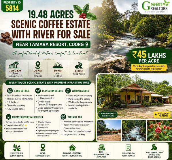 19.48 acres scenic coeffe estate with river for sale near tamara resort coorg