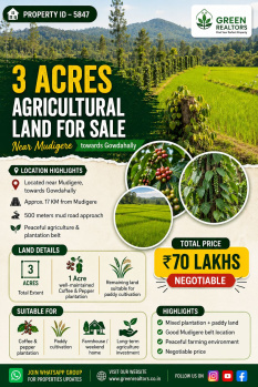 3 acre agricultural land for sale mudigere towards gowdahally