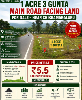 1 acre 3 guntas main road facing land for sale near chikkamagaluru