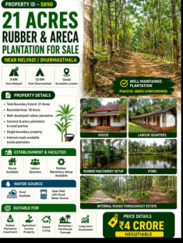 21 acres rubber and areca plantation for sale near dharmastala