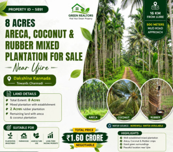 8 acres areca and coconut rubber mixed plantation for sale near ujire