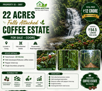 22 acres falls attached coeffe estate for sale near coorg