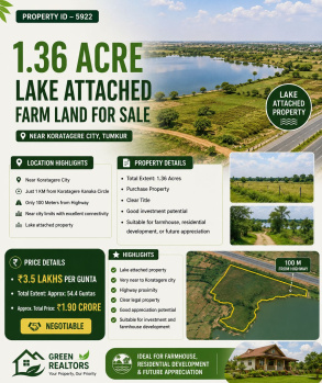 1.36 acre lake attached farm land for sale near koratagere city tumkur