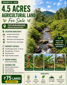 4.5 acres agricultural land for sale near mudigere