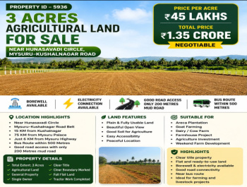 3 acres agricultural land for sale near mysore