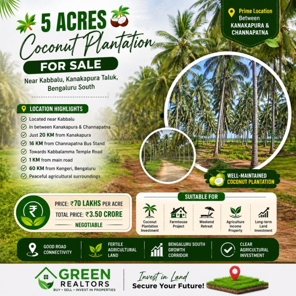 5 acres coconut plantation for sale near kabbalu kanakapura taluk bangalore