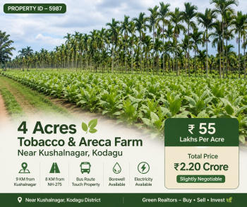 4 acres Tobacco and areca farm land for sale near kushalnagara