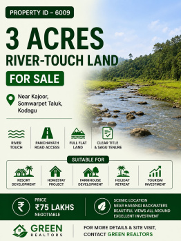 3 acres scenic river touch land for sale near somwarpete kodagu